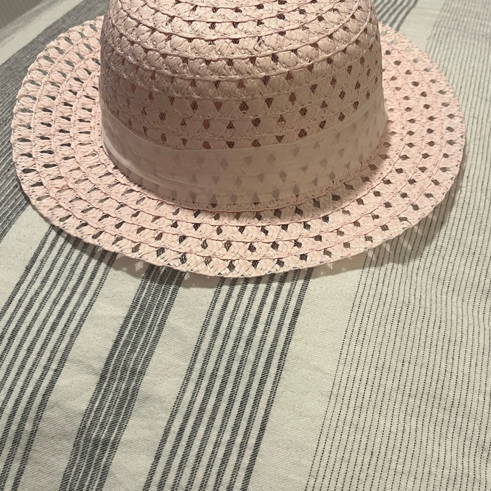 Charming Pink Woven Hat with white ribbon